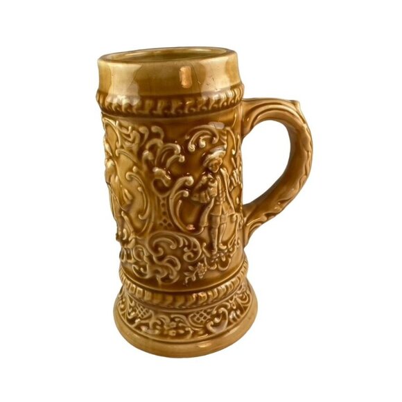 Vintage German Style Beer Stein Mug Hand Painted Brown Crazing Signed u - Picture 2 of 6